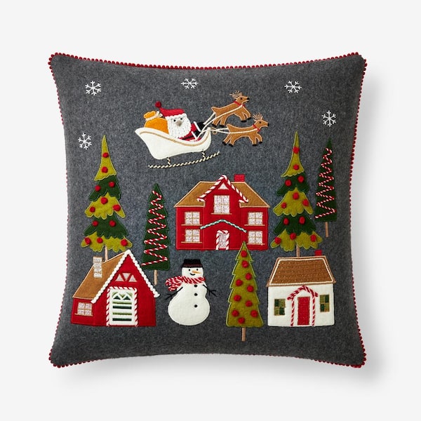The Company Store Embroidered Applique Gray Multi Santa Square Throw Pillow Cover
