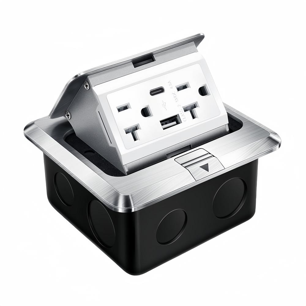 20 Amp 120-Volts Pop-Up Floor Electrical Outlet in Silver with USB Ports an