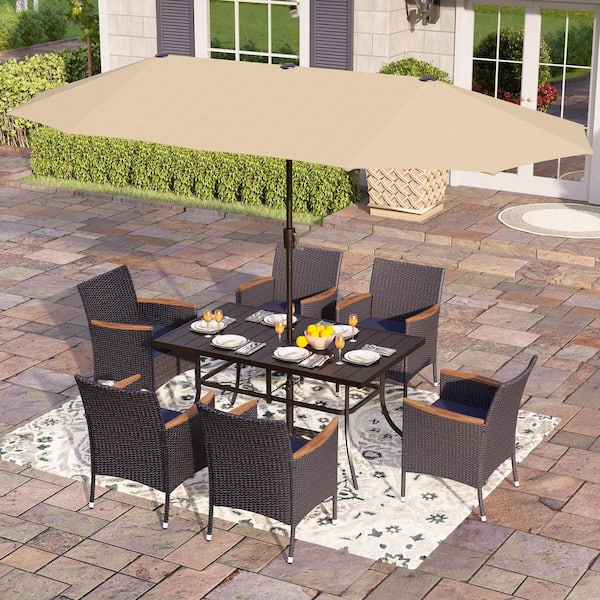 PHI VILLA Black 8-Piece Metal Patio Outdoor Dining Set with Rectangle Table, Beige Umbrella and Rattan Chairs with Blue Cushion
