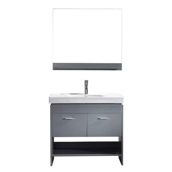 Virtu USA Gloria 36 in. W Bath Vanity in Gray with Ceramic Vanity Top in White Ceramic with Square Basin and Mirror