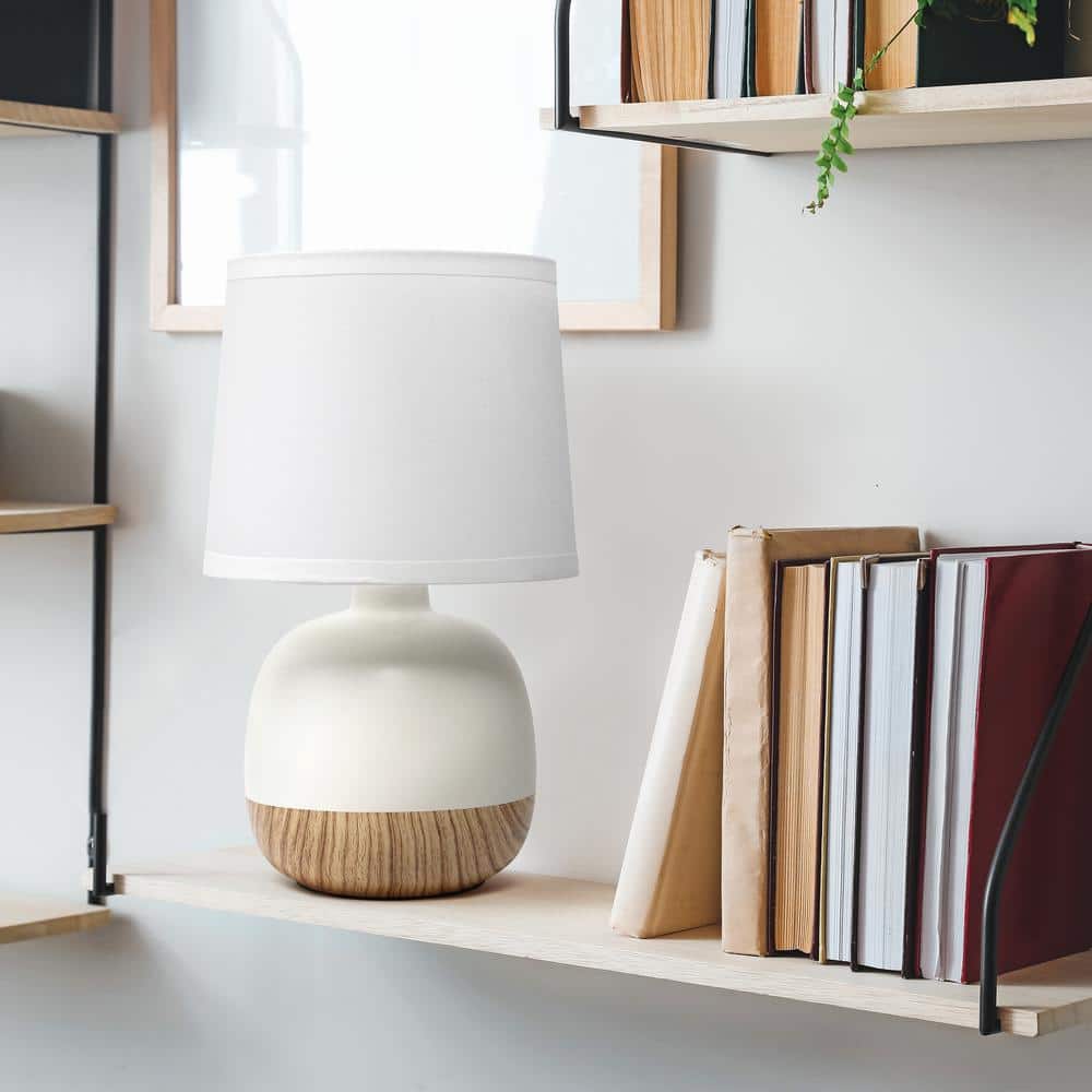 Light Wood and White Ceramic Gourd Table Lamp with Fabric Shade