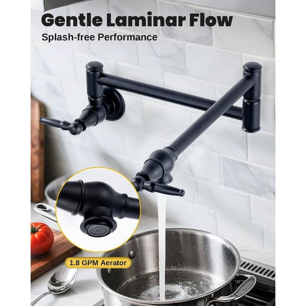 Brass Wall Mount Heavy Duty Stove Pot Filler with Double Joint Swing Arms Folding Kitchen Faucet in Matte Black