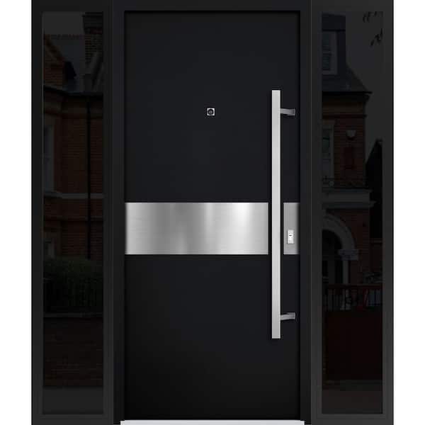 VDOMDOORS 6072 68 in. x 80 in. Left-hand/Inswing 2 Sidelights Black Enamel Steel Prehung Front Door with Hardware