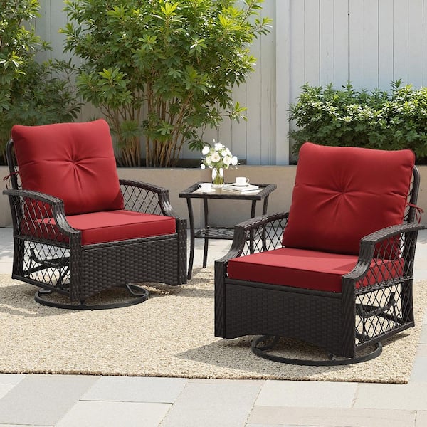 Brown 3-Piece Wicker Outdoor Bistro Set with Swivel Chairs, Red Cushions and Side Table for Patio Porch Balcony