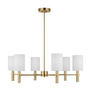 Manor 6-Light Satin Brass Large Chandelier with White Linen Fabric Shades and No Bulbs Included