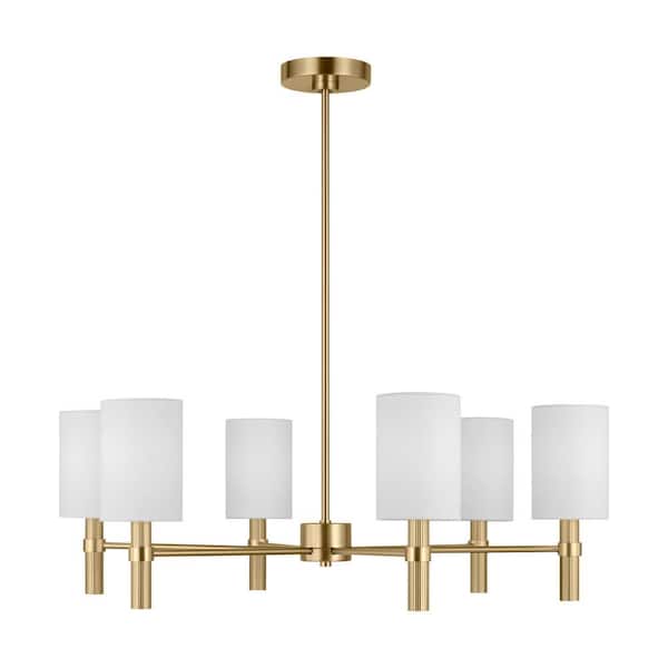 Generation Lighting Manor 6-Light Satin Brass Large Chandelier with White Linen Fabric Shades and No Bulbs Included