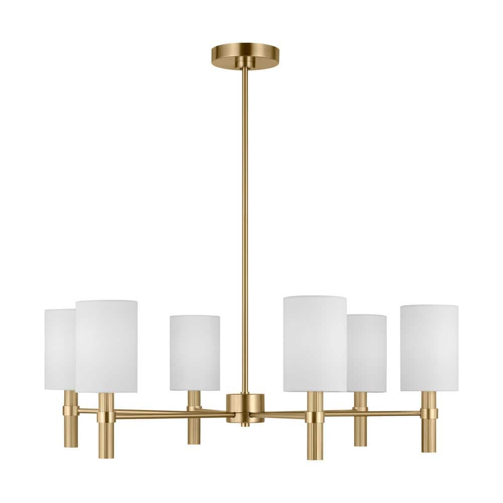 Satin Brass 6-Light Chandelier with White Linen Shades