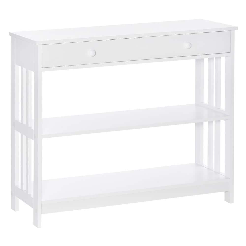 White Wood Console Table with Drawer and Shelves