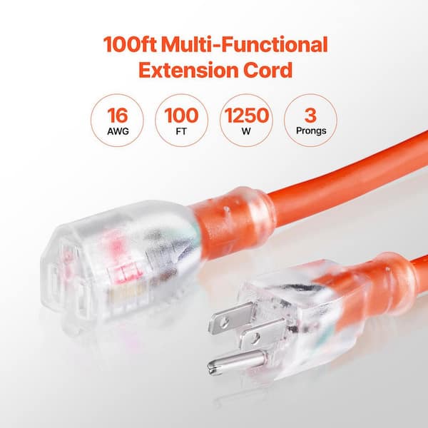 100 ft. Indoor Outdoor Extension Cord 16AWG 10 Amp 1250W 3 Prongs Generator Extension Cord with Lighted End Flexible