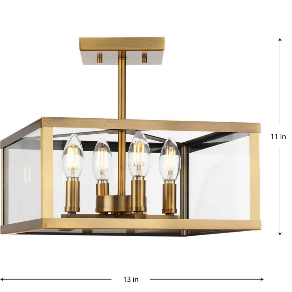 Hillcrest 13'' Vintage Brass Semi-Flush Mount with Glass Panels