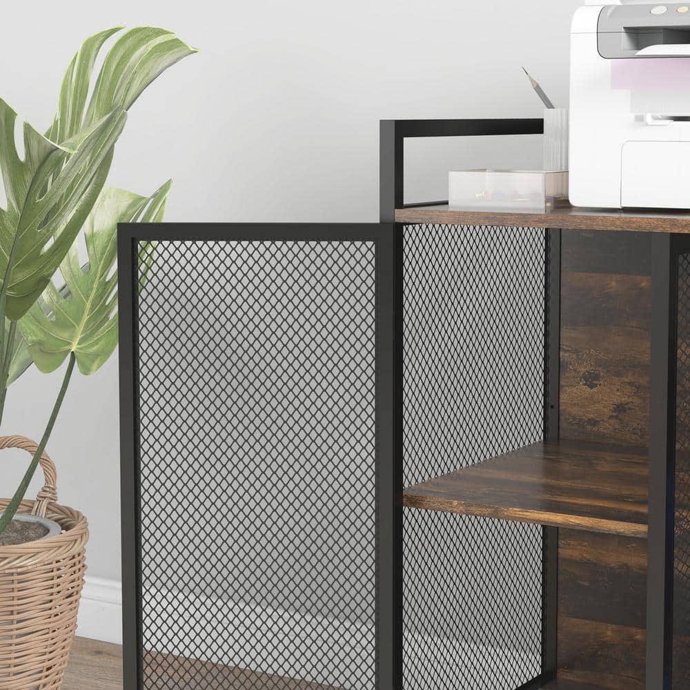 Rustic Brown Industrial Printer Stand with USB Ports and Adjustable Shelf