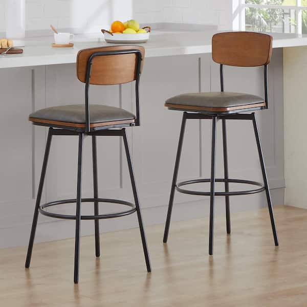 Wynne 30 in. Stone Gray High Back Metal Swivel Bar Stool with Faux Leather Seat (Set of 2)