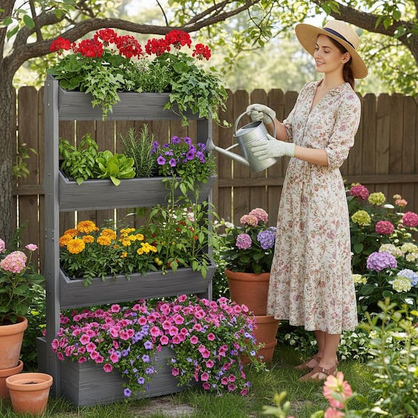 ABORON 4-Tier Vertical Wooden Raised Garden Bed Gray Garden