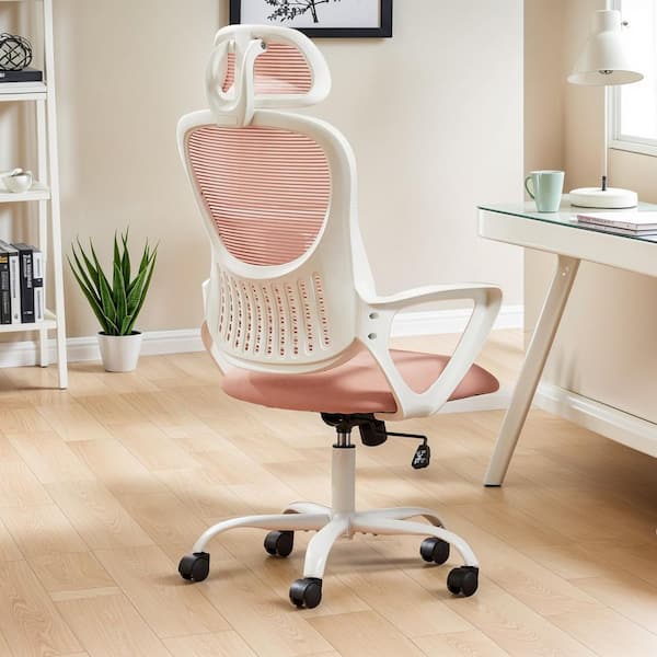 WONDER COMFORT High-Back Mesh Adjustable Headrests Ergonomic Drafting Chair Office Chairs in Pink with Fixed Arms