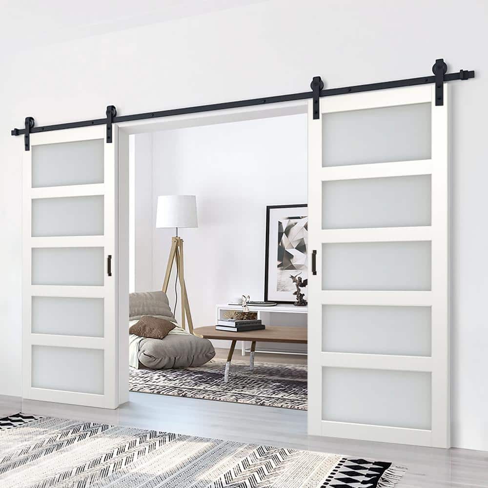 72 in. x 84 in. Frosted Glass White MDF Double Sliding Barn Door Kit