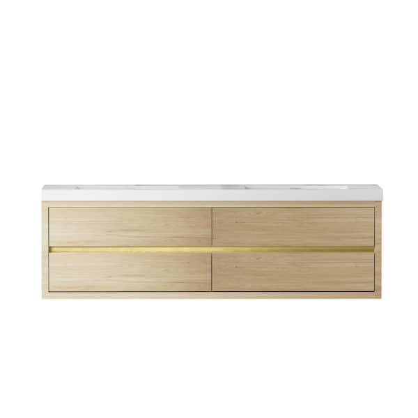 72 in. Wall-Mounted Natural Oak Bath Vanity with Glossy White Solid Surface Top Assembled
