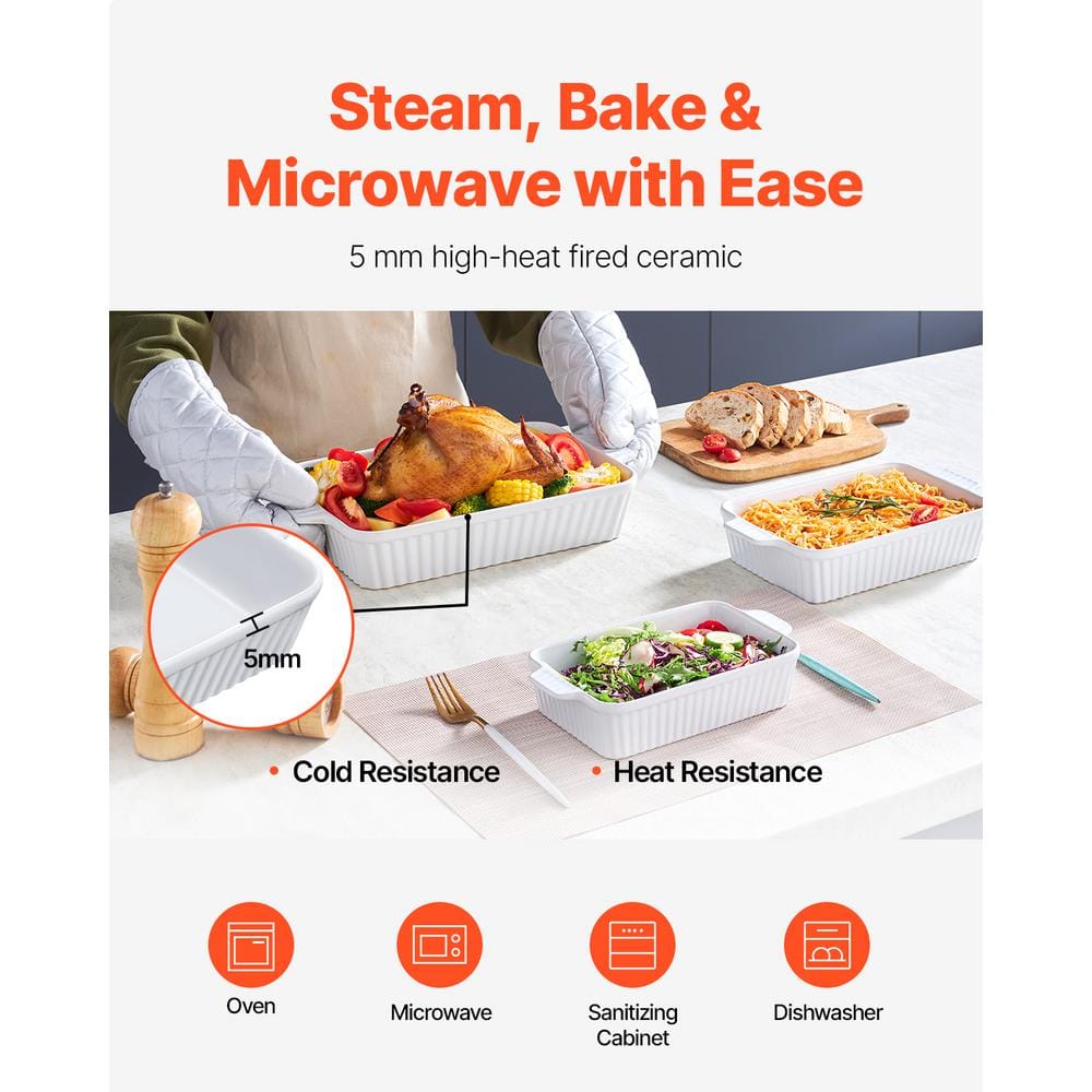 White Ceramic Non-Stick Rectangular Baking Dish Set with Handles