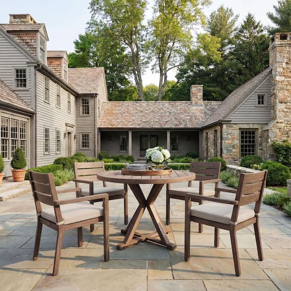 Bedford Brown Brushed Woodgrain Finish 5-Piece Aluminum Round Patio Outdoor Dining Set with w/ 4 Stackale Dining Chairs