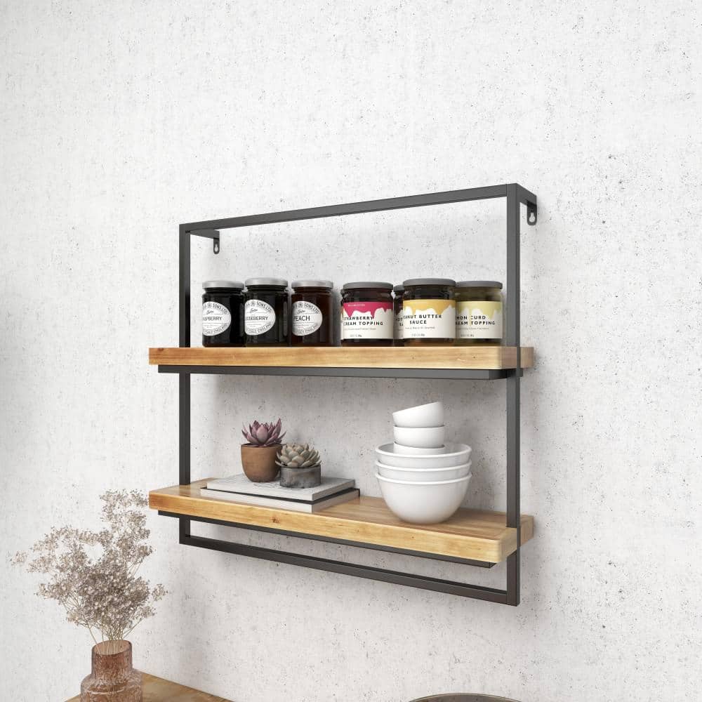Brown 26" Floating Wood and Metal Wall Shelf