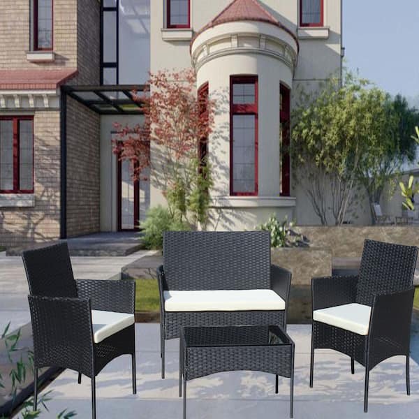 Unbranded 4-Piece Wicker Patio Conversation Set with Tempered Glass Top Table and Beige Cushions