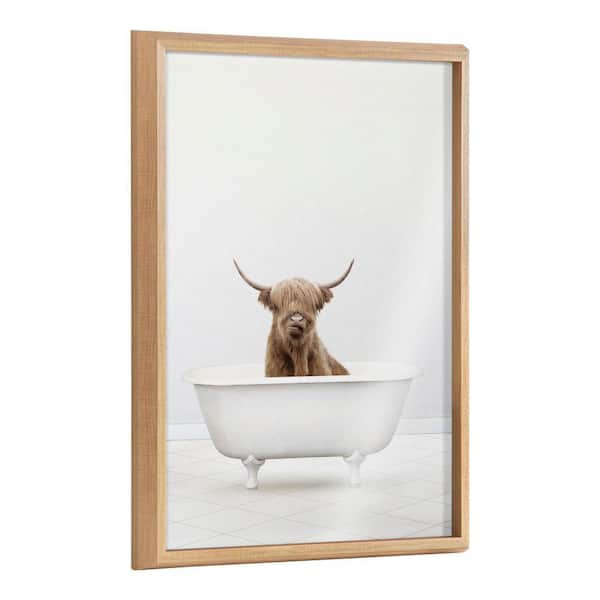 Kate and Laurel Blake Highland Cow Solo Bathtub by Amy Peterson Art Studio Framed Glass Art Print 24 in. x 18 in.
