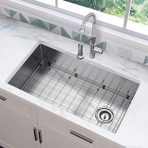 All-in-One Zero Radius Undermount 16G Stainless Steel 36 in. Single Bowl Kitchen Sink, Offset Drain, Spring Neck Faucet