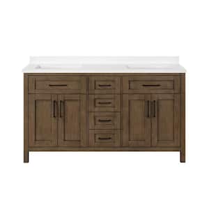 Tahoe VI 72 in. W x 21 in. D x 35 in. H Double Sink Vanity in Almond Latte with White Engineered Marble Top and Outlet