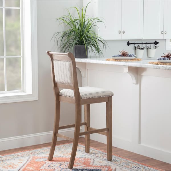 Kendra 30 in. Graywash High Back Wood Bar Stool with Fabric Seat