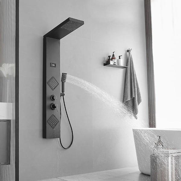2-Jet Rainfall Shower Panel System with Rainfall Shower Head and Shower Wand in Matte Black