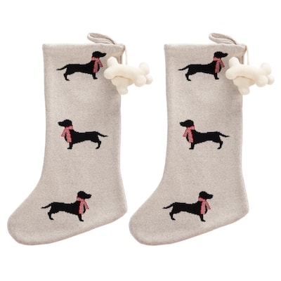 20 in. Beige Knitted Cotton Dachshund Ginger Christmas Stocking with Bone Shaped Pom Pom Tassels (2-Pack)