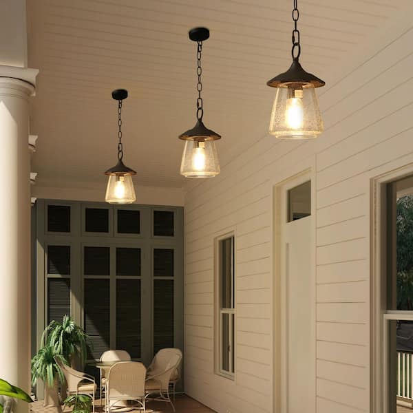 Modern Farmhouse Black Outdoor Pendant Light for Covered Porch Gazebo, 1-Light Hanging light with Seeded Glass Shade
