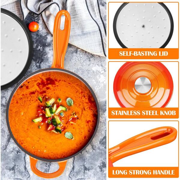 UUDULY 2-Piece Orange Enameled Cast Iron Saucepan Set Induction