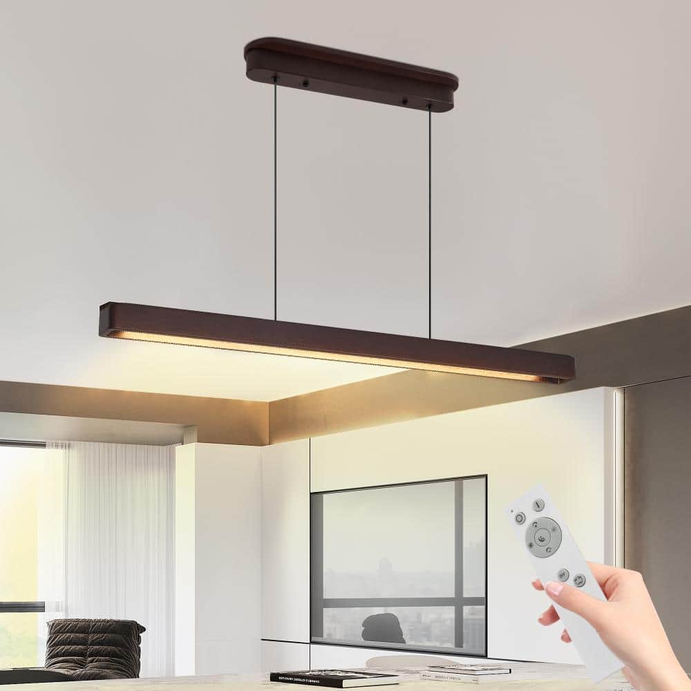 40 in. 24W 1-Light Walnut LED Linear Pendant Light, Dimmable Modern Island Chandelier with Remote Control price history on PriceWatchPro