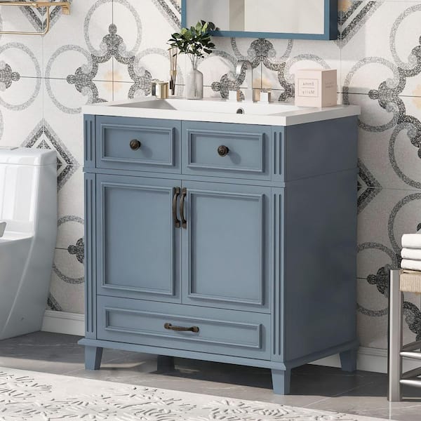 EPOWP 30 in. W x 18 in. D x 34.1 in. H Single Sink Freestanding Bath Vanity in Blue with White Resin Top and Cabinet