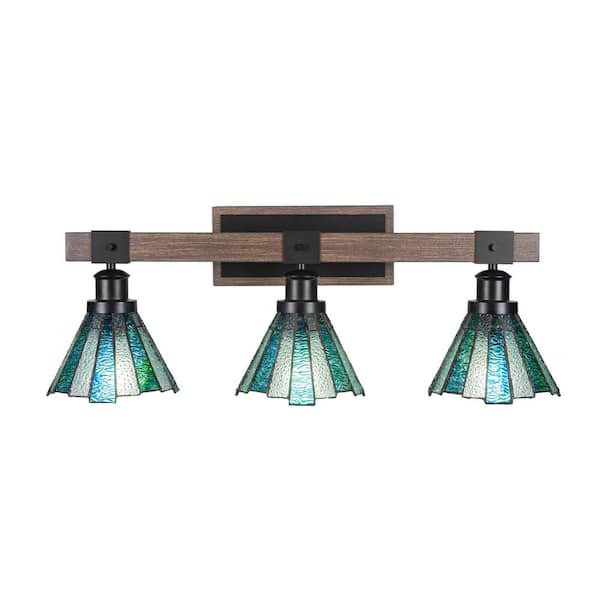 Unbranded Richmond 27.5 in. 3-Light Vanity Light Matte Black and Painted Wood-look Metal with 7 in. Art Glass no bulbs included