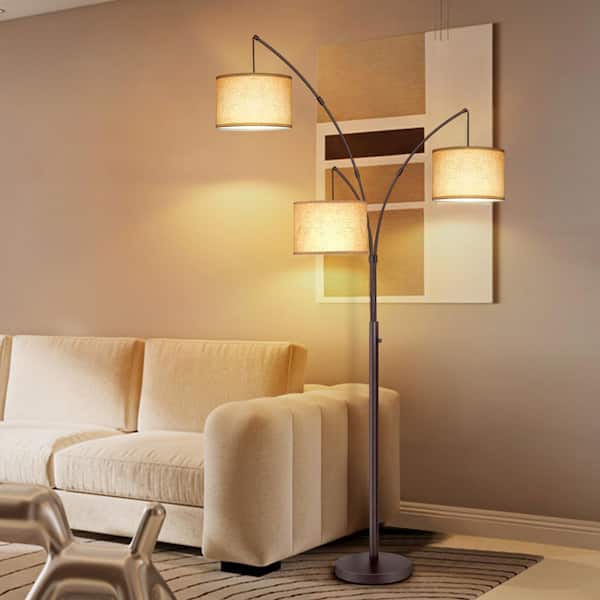 80 in. Mid-Century Modern 3-Light Adjustable LED Brown Arc Floor Lamp with 3-Beige LinenDrum Shades
