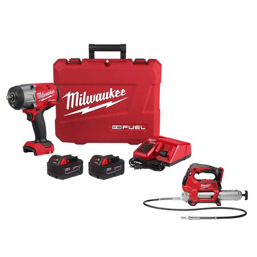 Milwaukee M18 FUEL 18V Lithium-Ion Brushless Cordless High-Torque 1/2 in. Impact Wrench w/Friction Ring Kit w/Grease Gun -  2967-22-2646-20