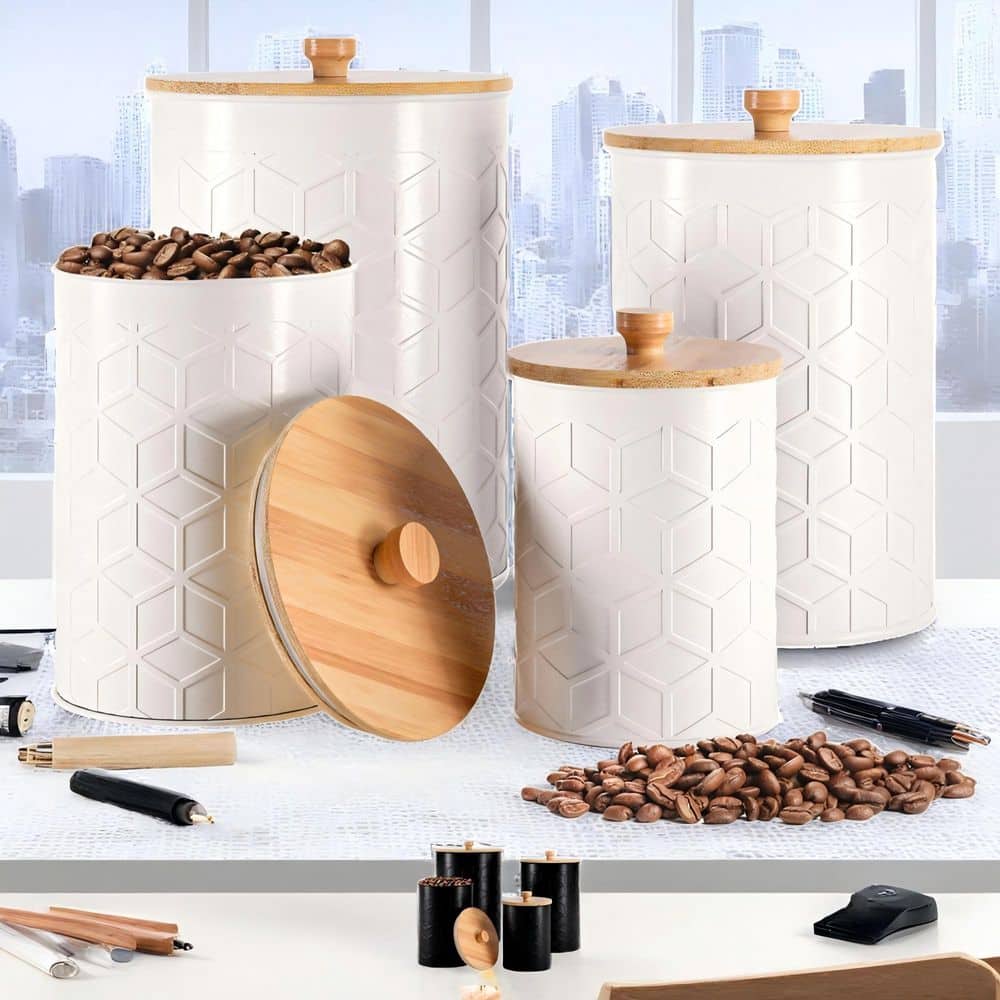 AQ White Farmhouse Kitchen Canisters - Set Of 3 Metal Countertop Containers With Lids (3L Capacity)