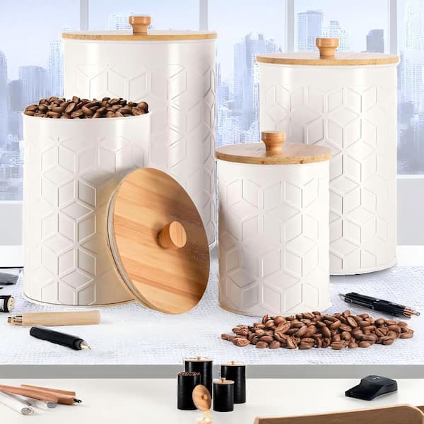 4-Pack Kitchen Iron Canisters with Airtight Lids, Flour and Sugar Containers for Counter, White