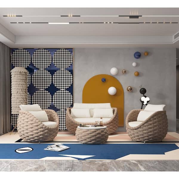 Bird's Nest 4-Piece Sandy Brown Aluminum Hand-Woven Outdoor Patio Waterproof Sectional Seating Set with Beige Cushions