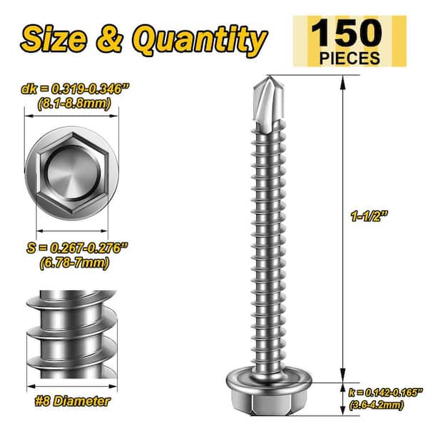 #8 x 1-1/2 in. Stainless Steel Hex Washer Head Self Drilling Sheet Metal Screws (150-Pack)