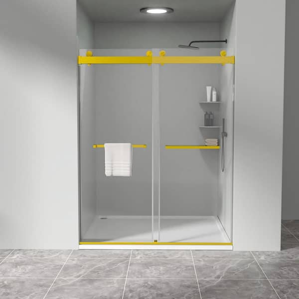Frameless Double Sliding Shower Door, Fits 56-60 in. W x 76 in. H, with Tempered Glass Design, Brushed Gold