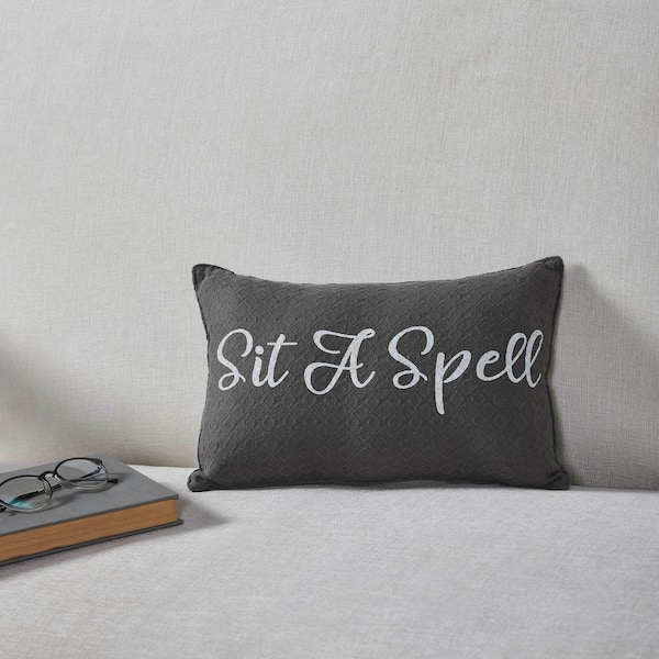 VHC Brands Finders Keepers Steel Grey Soft White Farmhouse Sit A Spell 9.5 in. x 14 in. Throw Pillow