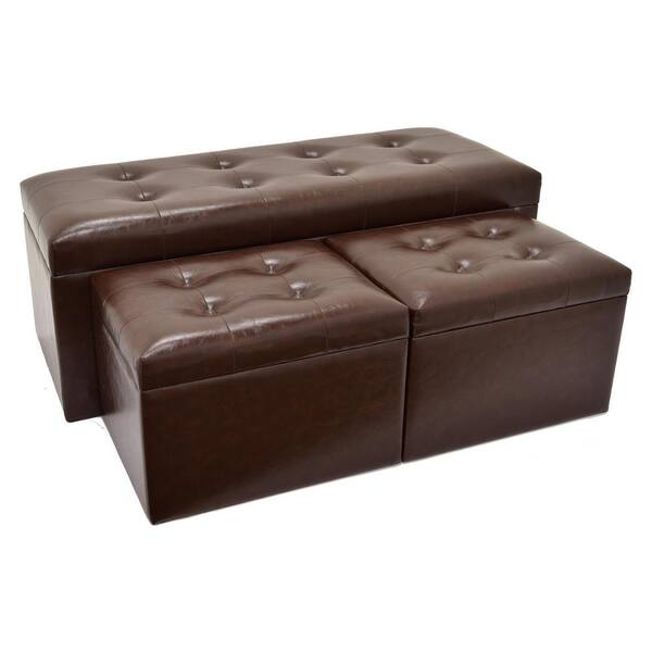 THREE HANDS Brown Storage Bench and Ottoman (Set of 3)