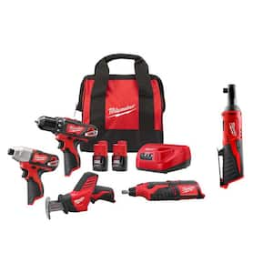 M12 12V Lithium-Ion Cordless 4-Tool Combo Kit with (2) Compact 1.5Ah Batteries, Charger and M12 3/8 in. Ratchet