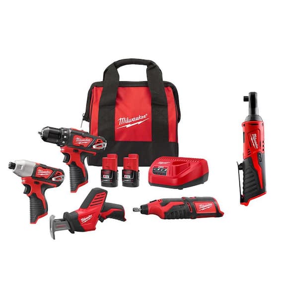 Milwaukee M12 12V Lithium-Ion Cordless 4-Tool Combo Kit with (2) Compact 1.5Ah Batteries, Charger and M12 3/8 in. Ratchet