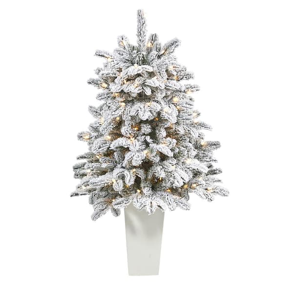 Nearly Natural 3.5 ft. Flocked Fir Artificial Christmas Tree with 150 Warm White Lights and 545 Bendable Branches in Planter