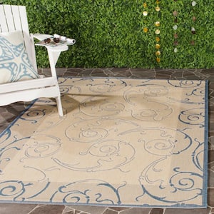 Courtyard Natural/Blue 8 ft. x 8 ft. Square Border Indoor/Outdoor Patio  Area Rug