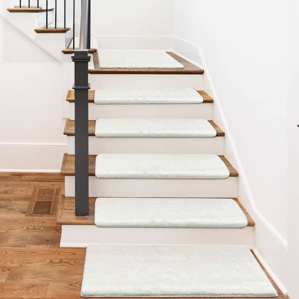 PURE ERA Plush White 9.5 in. x 30 in. x 1.2 in. Bullnose Polyster Carpet Stair Tread Cover With Landing Mat Tape Free Set of 15