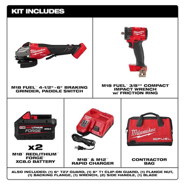 M18 FUEL 18-Volt Lith-Ion Cordless 4-1/2 in. /6 in. Braking Grinder w/ Two XC 8.0 Ah Battery & 3/8 in. Impact Wrench